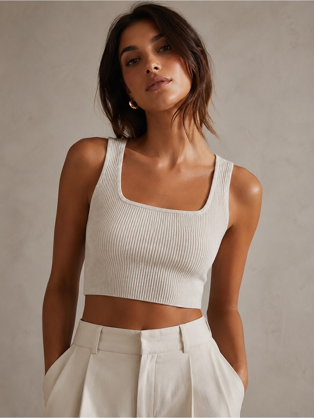 Babaton by Aritzia Ribbed Square Neck Cropped Tank Top Cream Beige Size Small